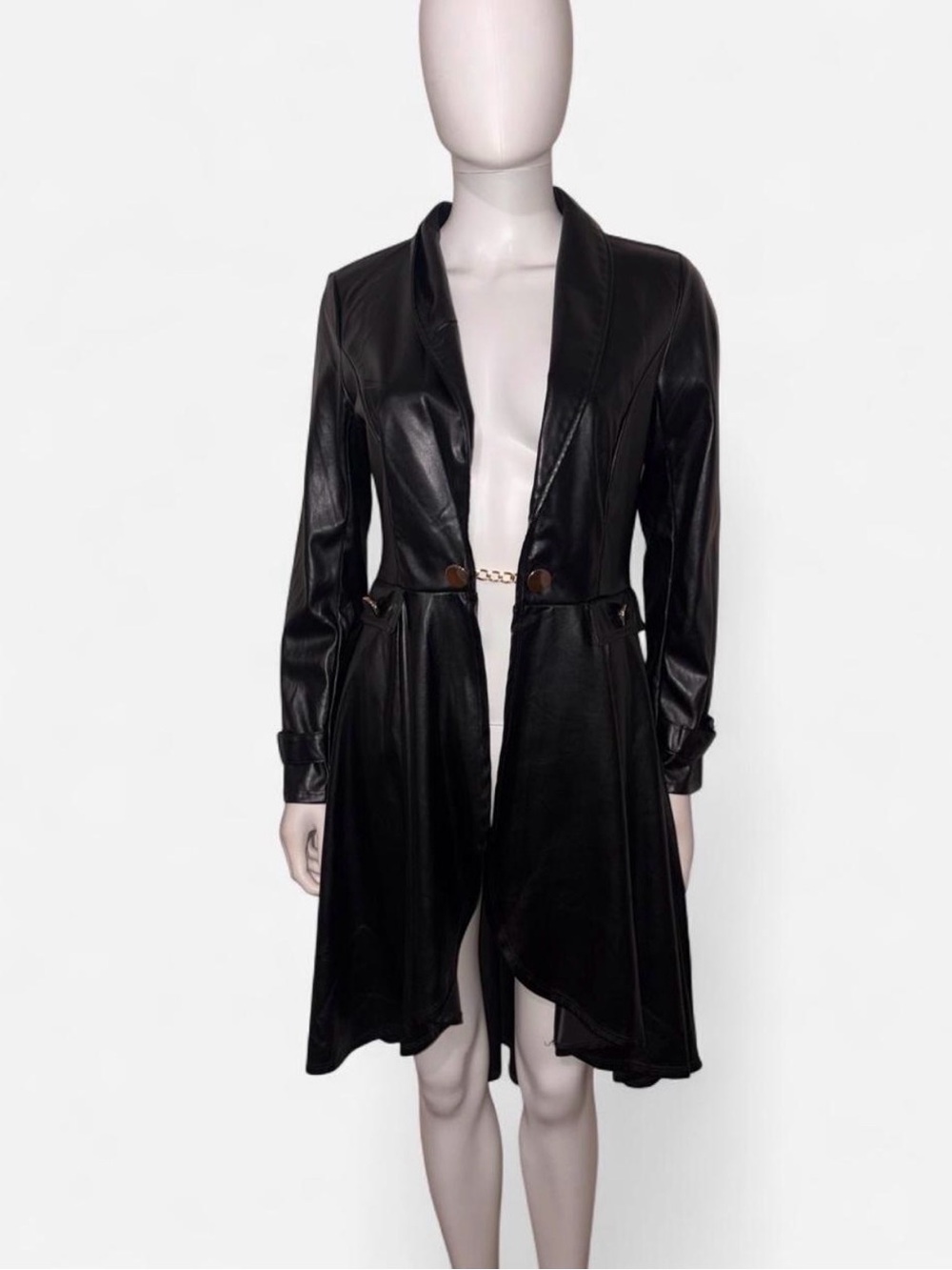 Black Faux Leather Trench Coat with Chain Detail
